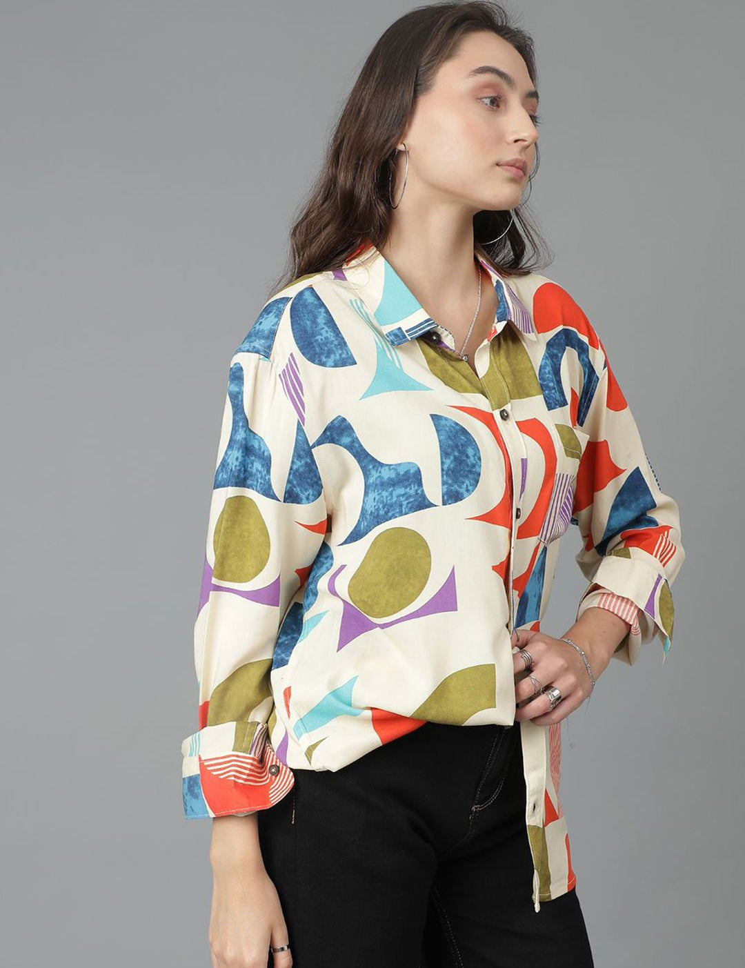 Kotty Women Spread Collar Abstract Printed Cotton Oversized Casual Shirt