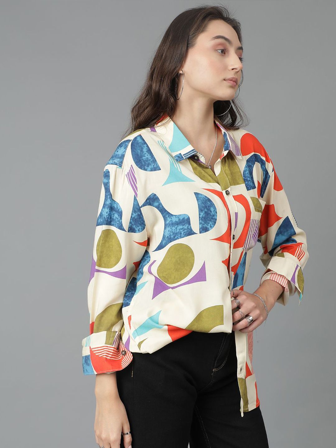 Kotty Women Spread Collar Abstract Printed Cotton Oversized Casual Shirt