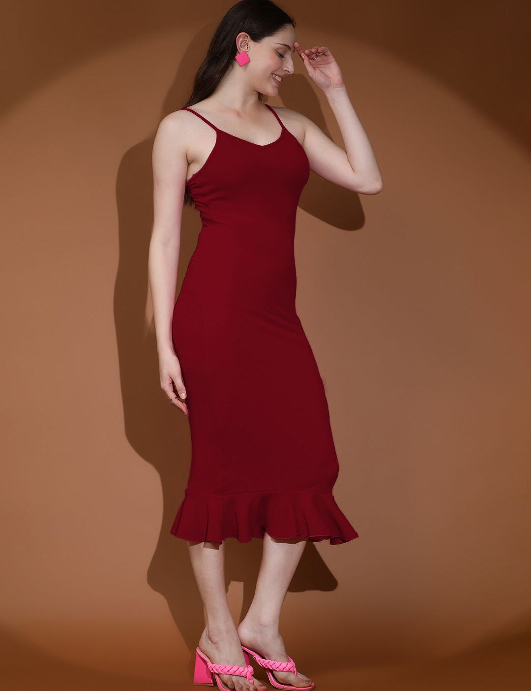 Kotty Women Solid Shoulder Straps Sleeveless Bodycon Dress