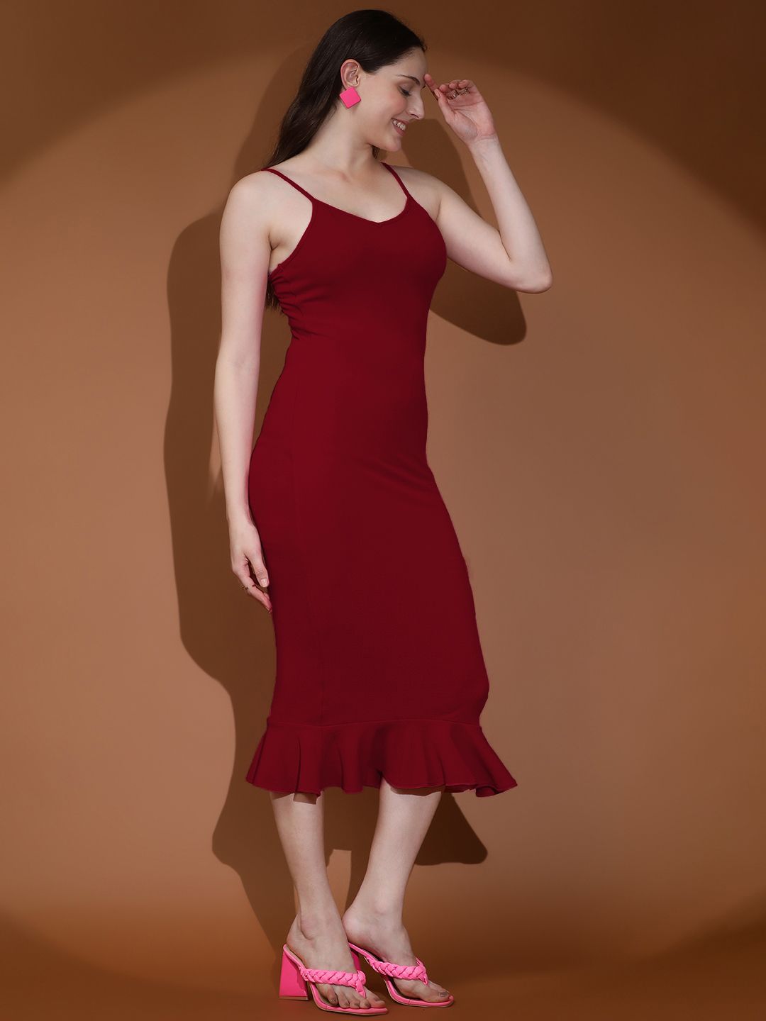 Kotty Women Solid Shoulder Straps Sleeveless Bodycon Dress