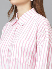 Kotty Women Comfort Spread Collar Vertical Striped Cotton Oversized Casual Shirt