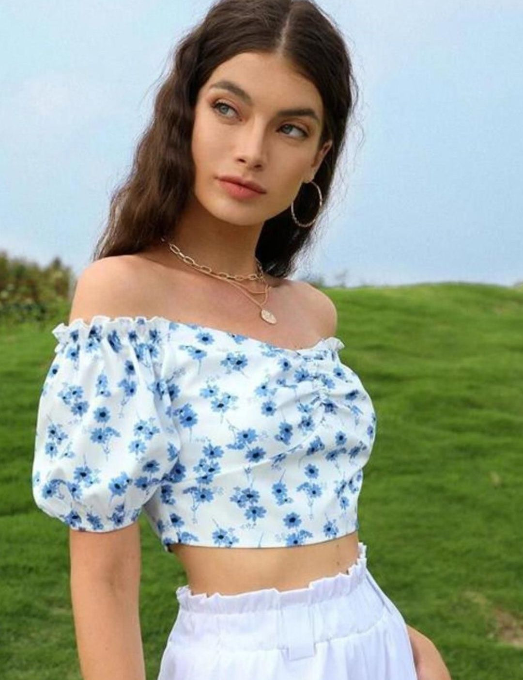 Kotty Women Floral Printed Off-Shoulder Bardot Crop Top