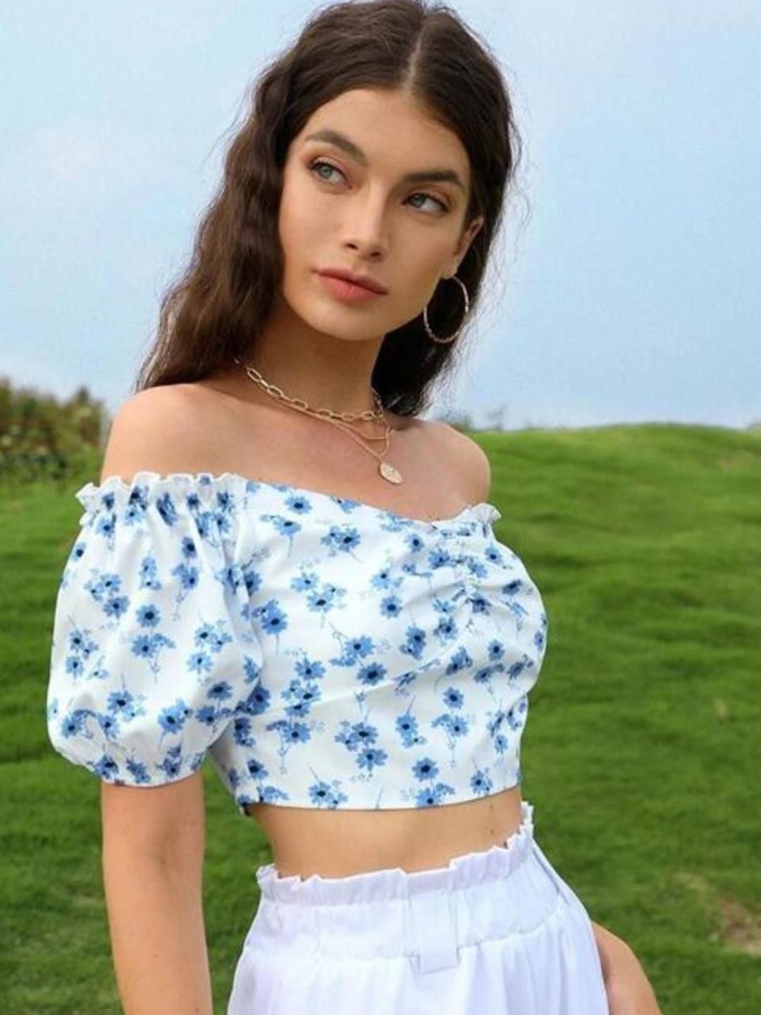 Kotty Women Floral Printed Off-Shoulder Bardot Crop Top