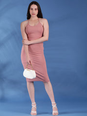 Kotty Solid Tie-Up Neck Bodycon Midi Dress