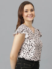 Kotty Animal Print Flutter Sleeve Crepe Top