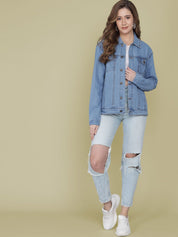 Kotty Women Spread Collar Solid Cotton Casual Denim Jacket