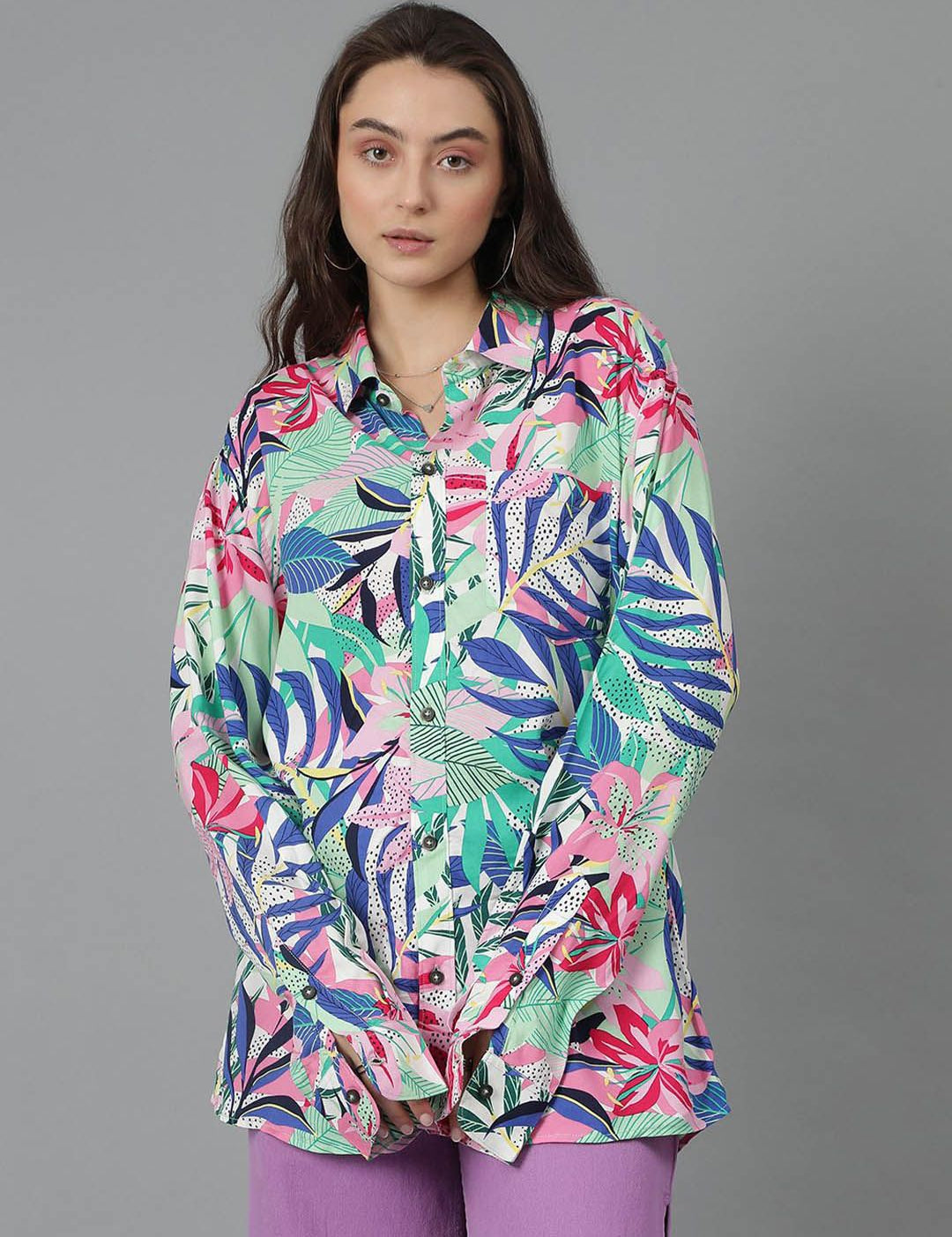 Kotty Women Spread Collar Floral Printed Cotton Oversized Casual Shirt