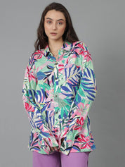 Kotty Women Spread Collar Floral Printed Cotton Oversized Casual Shirt