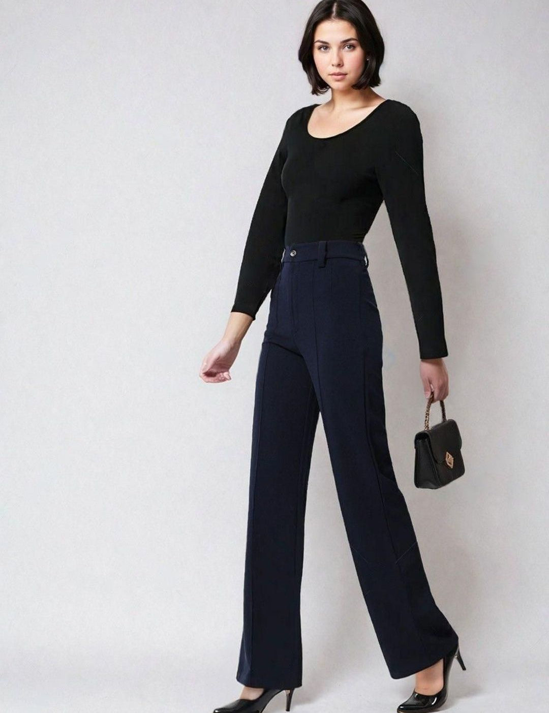 Kotty Black and Navy Blue Scoop Neck T-Shirt with Trousers
