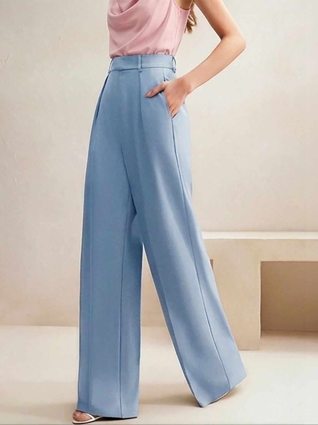 Blue Straight Fit High-Rise Trousers for Women | Kotty