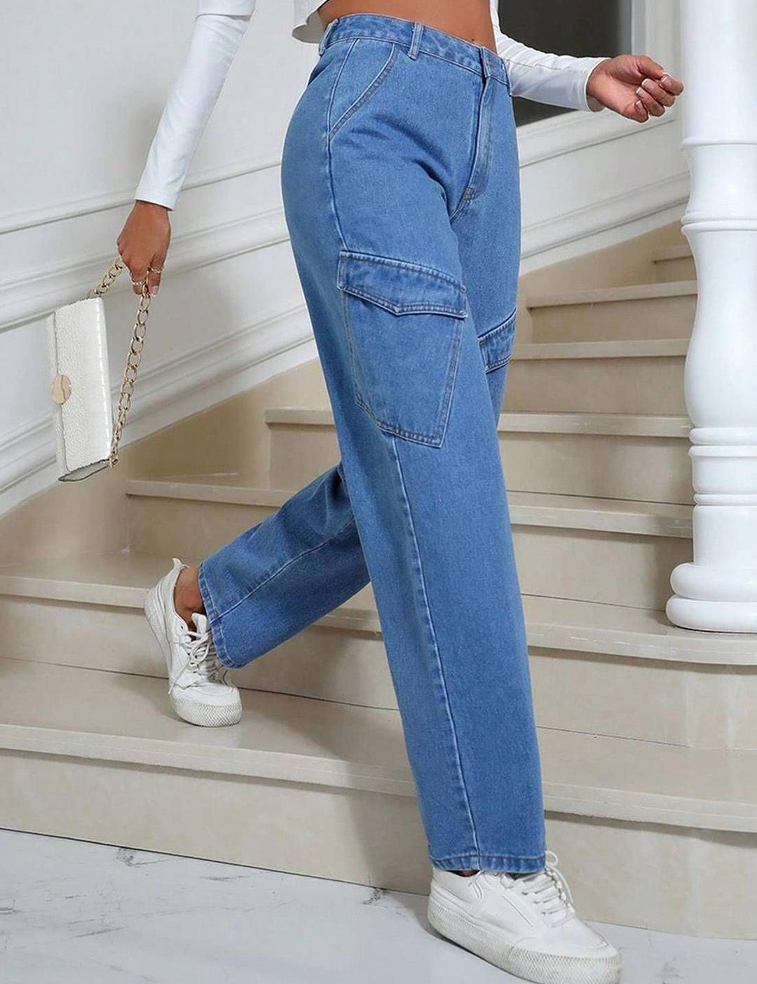 Kotty Women Wide Leg High-Rise Stretchable Cargo Jeans