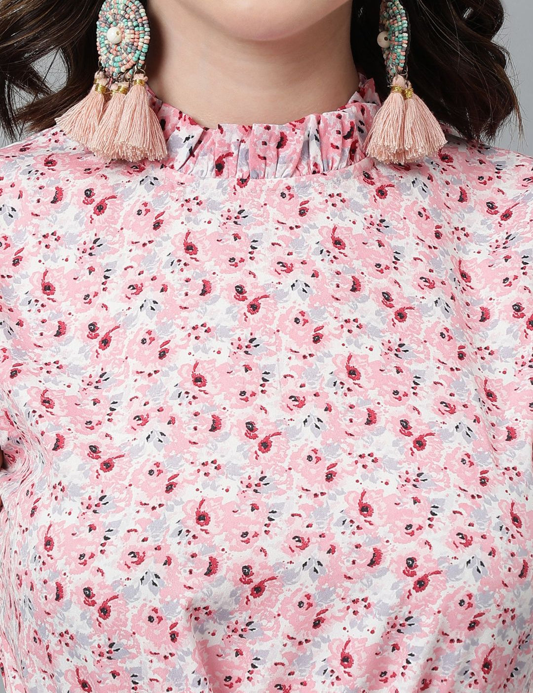 Kotty Pink & White Floral Printed High Neck Ruffled Fit & Flare Dress