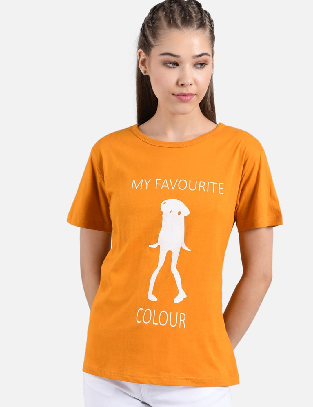 Kotty Women Mustard Orange Printed Round Neck T-shirt