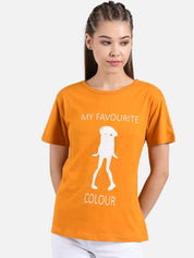 Kotty Women Mustard Orange Printed Round Neck T-shirt