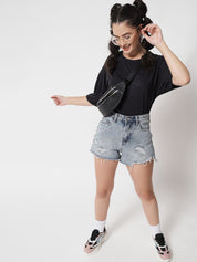Kotty Women Black Drop-Shoulder Sleeves Applique Oversized  T-shirt