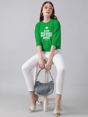 Kotty Typography Printed Round Neck Drop-Shoulder Sleeves Oversized T-shirt