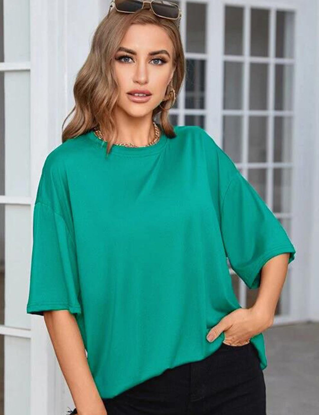 Kotty Round Neck Drop-Shoulder Sleeves Oversized Fit Cotton T-Shirt