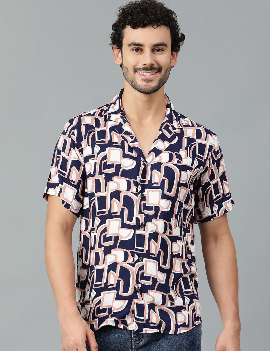 Kotty Men Cuban Collar Abstract Printed Casual Shirt