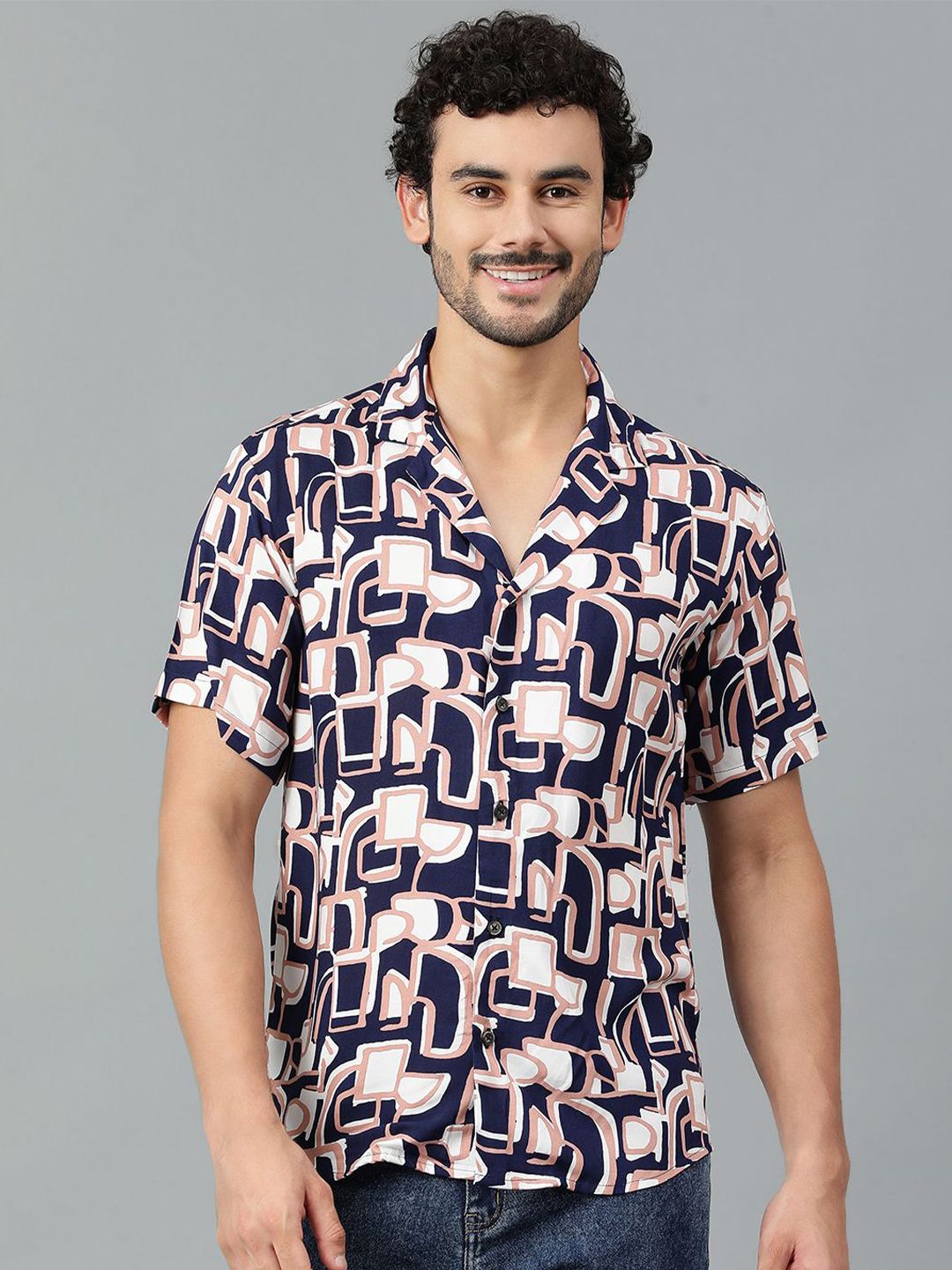 Kotty Men Cuban Collar Abstract Printed Casual Shirt
