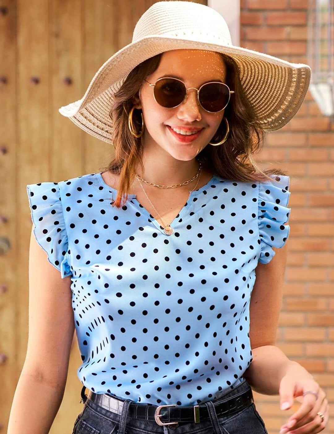Kotty Polka Dot Printed Flutter Sleeves Crepe Top