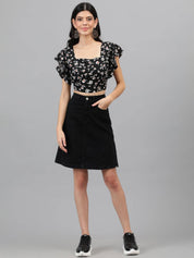 Kotty Black Floral Print Flutter Sleeve Crop Top