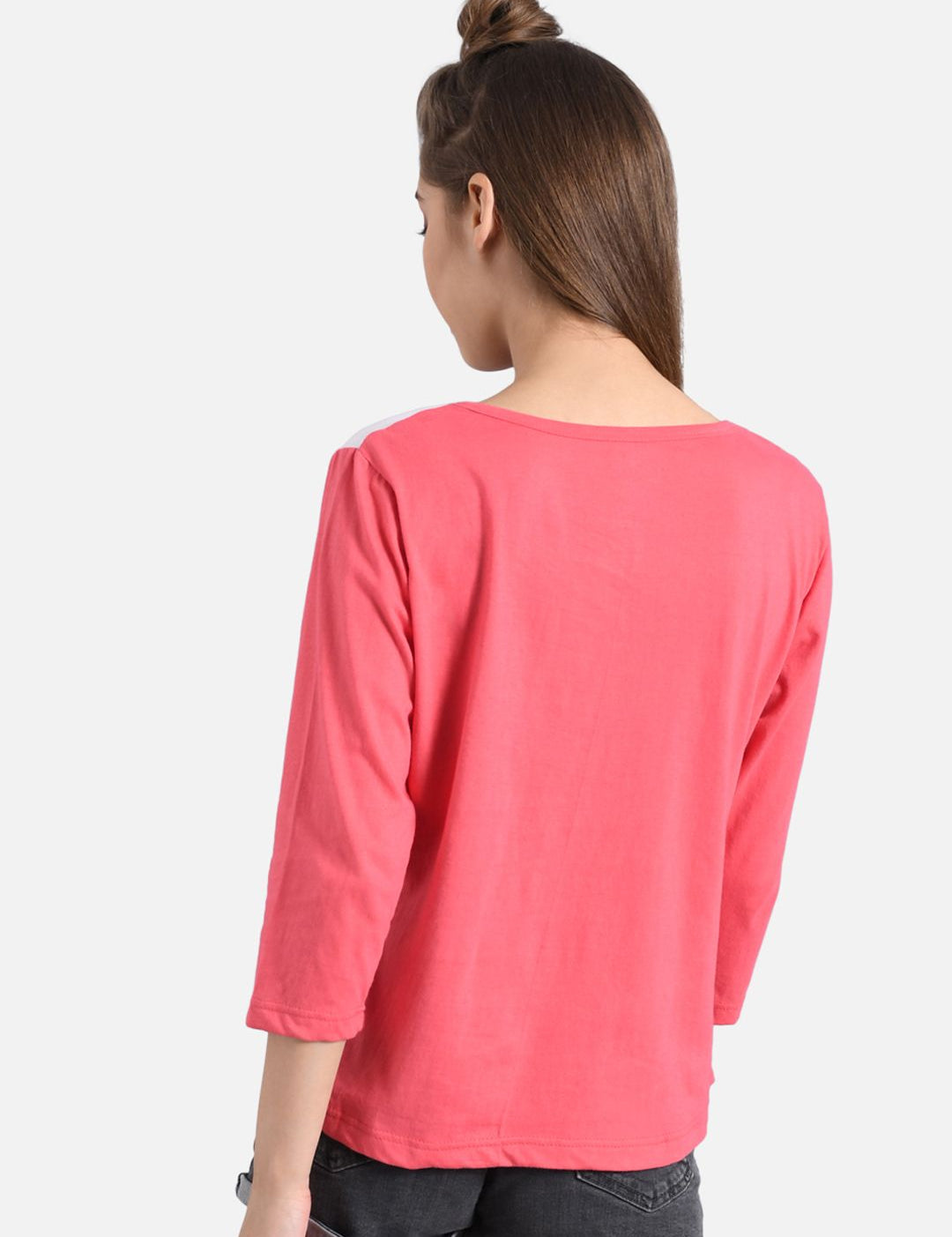 Kotty Women Coral Pink & White Colourblocked Round Neck T-shirt