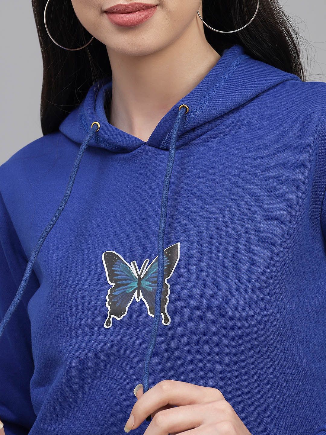 Kotty Women Blue & Black Butterfly Printed Hooded Sweatshirt