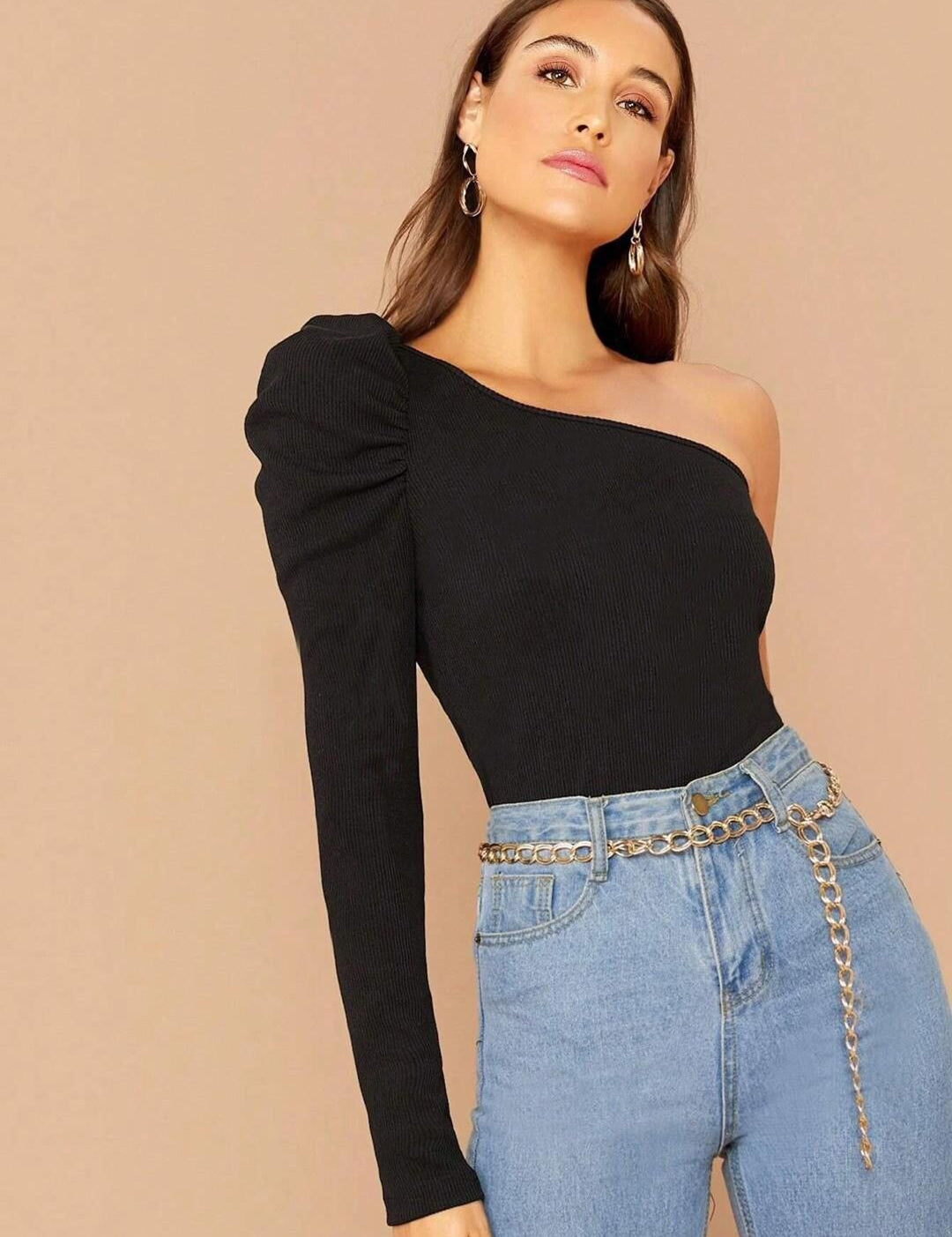 Kotty Black One Shoulder Puff Sleeve Top