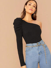 Kotty Black One Shoulder Puff Sleeve Top