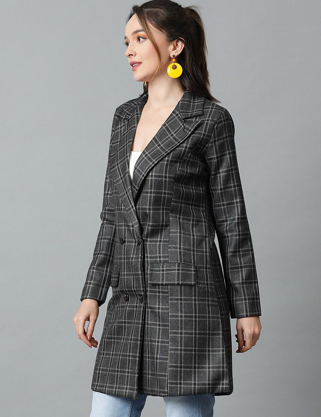 KOTTY BIZwear Grey Checked Double-Breasted Overcoat