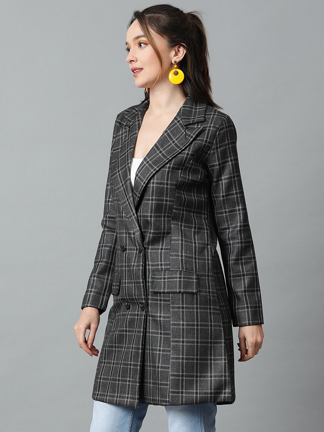 KOTTY BIZwear Grey Checked Double-Breasted Overcoat
