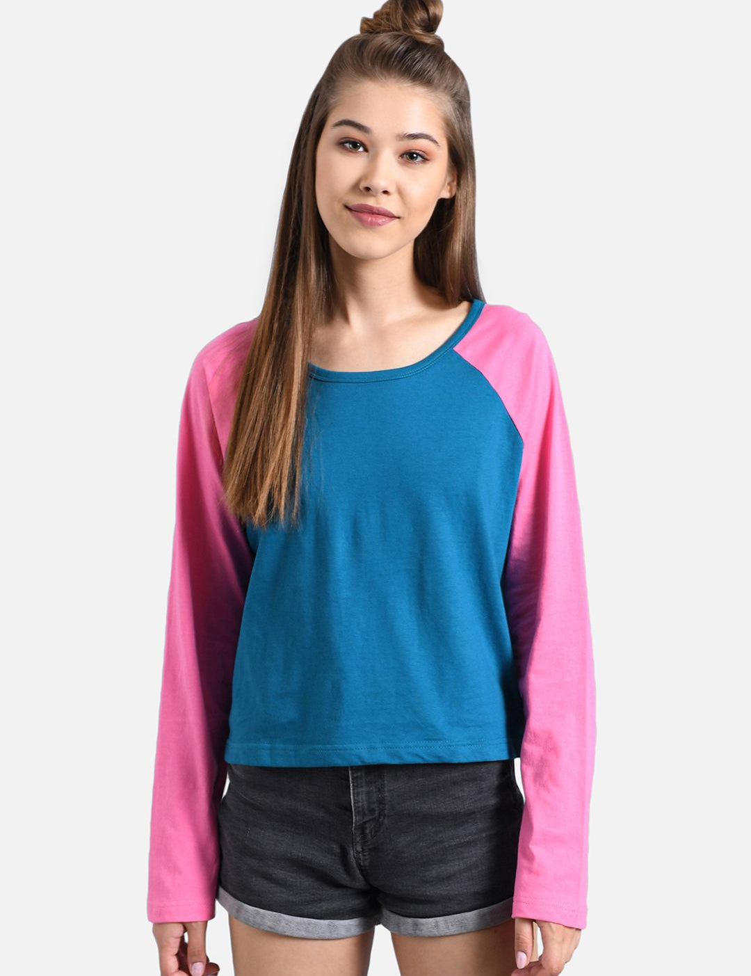 Kotty Women Navy Blue & Pink Colourblocked Boat Neck T-shirt