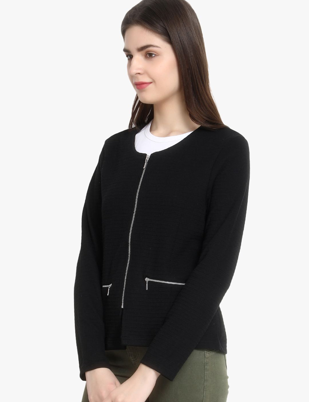 Kotty Women Black Self Design Lightweight Tailored Jacket