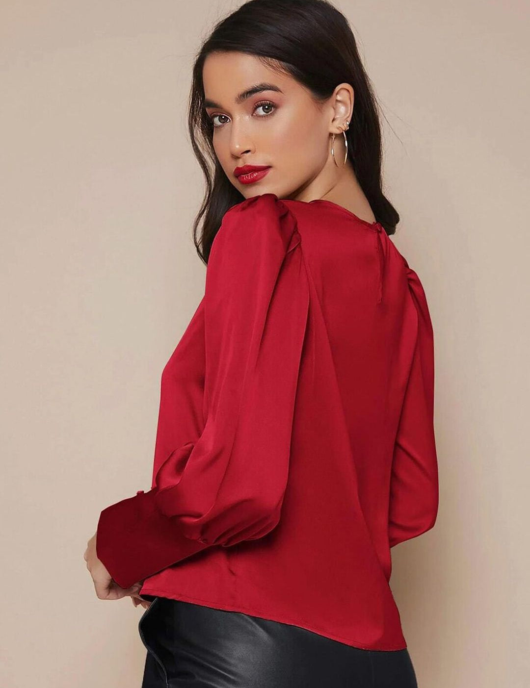 Kotty Red Puff Sleeves Satin Top