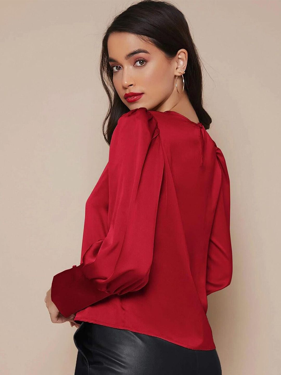 Kotty Red Puff Sleeves Satin Top