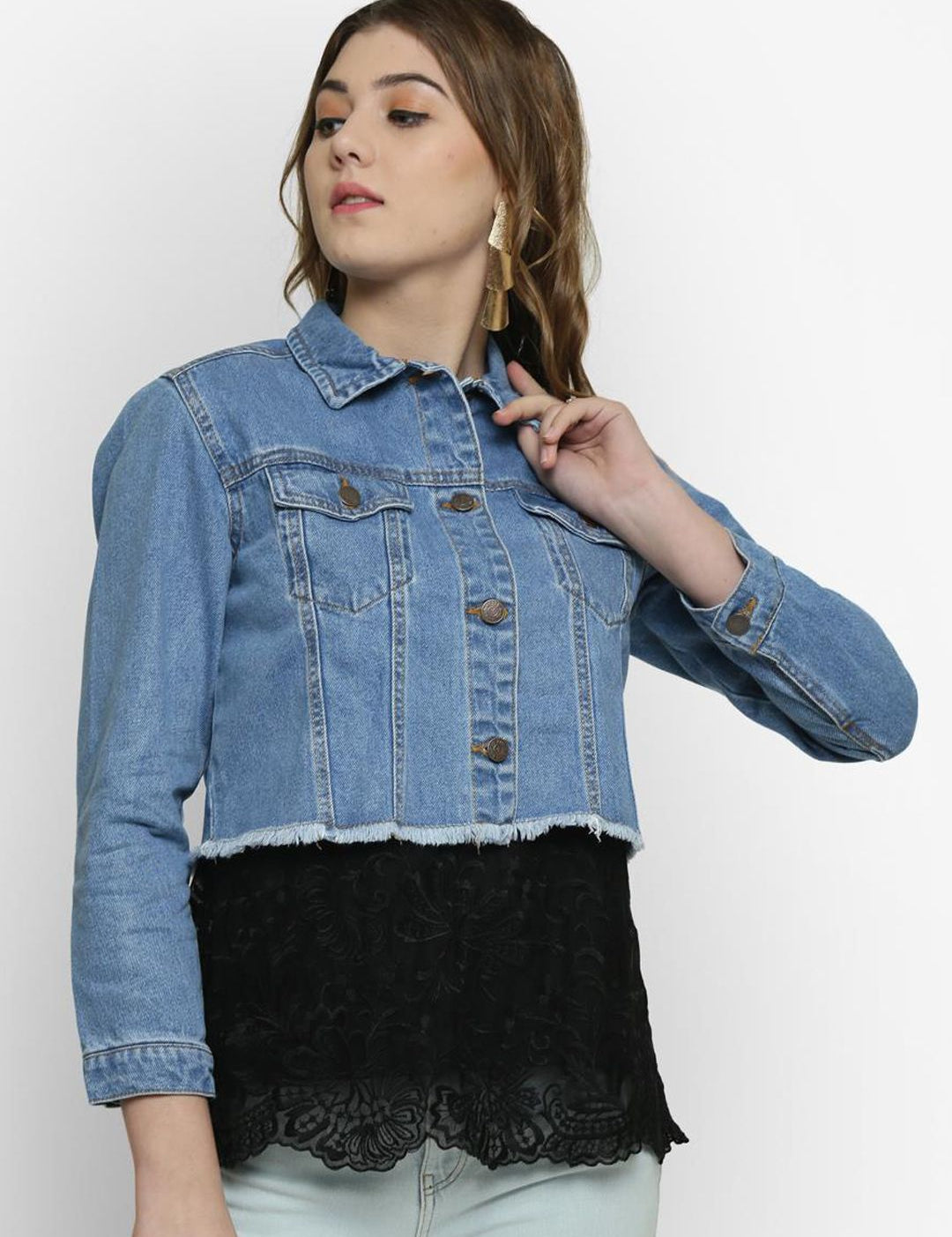 Kotty Women Blue Solid Denim Crop Jacket