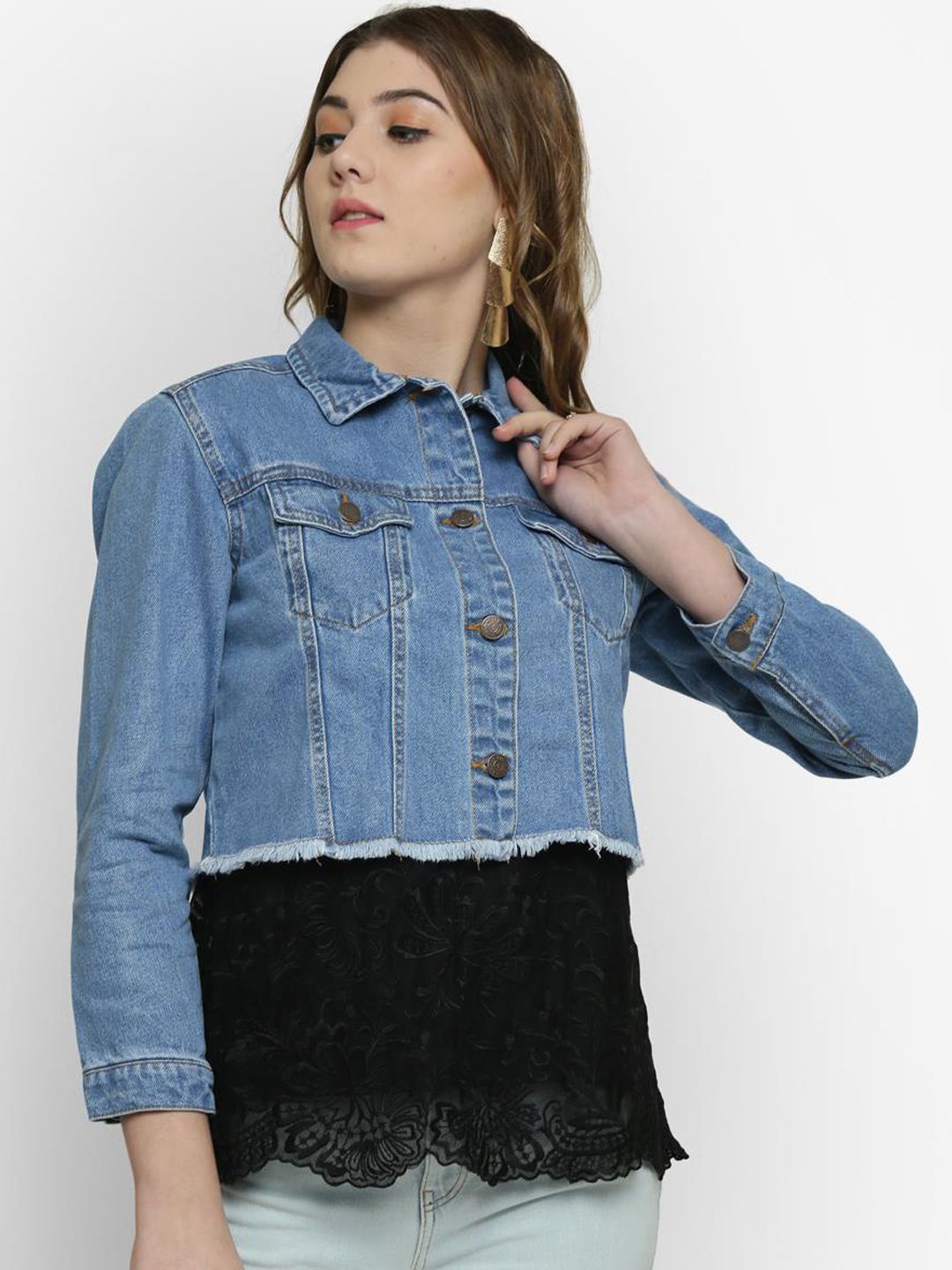 Kotty Women Blue Solid Denim Crop Jacket