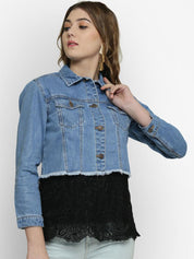 Kotty Women Blue Solid Denim Crop Jacket
