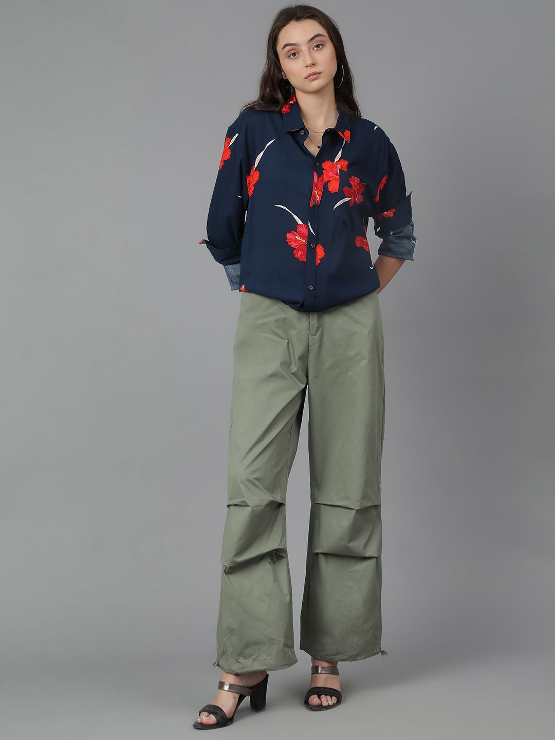 Kotty Women Spread Collar Floral Printed Cotton Oversized Casual Shirt