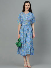 Kotty Blue Floral Printed Fit & Flare Midi Dress