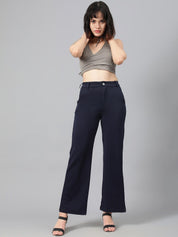 KOTTY BIZwear Women Navy Blue Relaxed Straight Leg Fit High-Rise Easy Wash Parallel Trousers