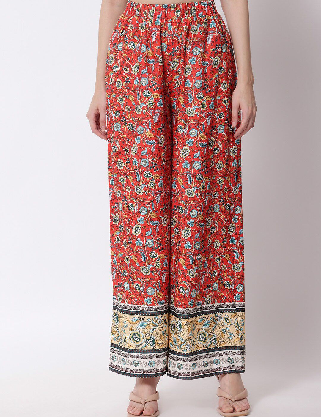 Kotty Women Red Ethnic Motifs Printed Relaxed Flared High-Rise Easy Wash Trousers