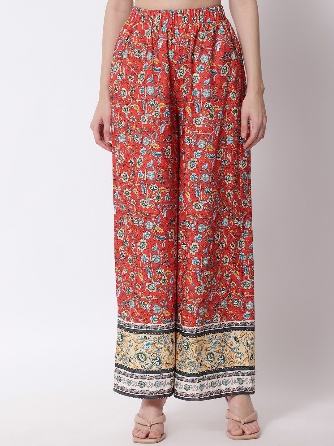 Kotty Women Red Ethnic Motifs Printed Relaxed Flared High-Rise Easy Wash Trousers