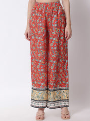 Kotty Women Red Ethnic Motifs Printed Relaxed Flared High-Rise Easy Wash Trousers