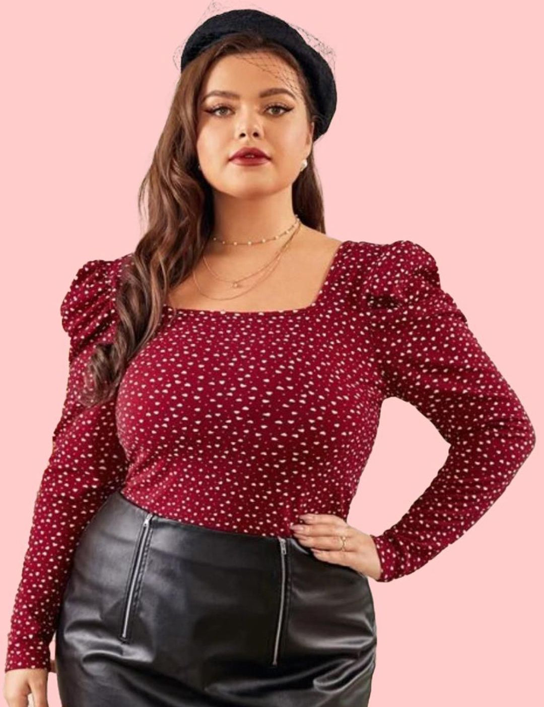 KOTTY Plus Size Polka Dot Printed Puff Sleeve Crepe Top