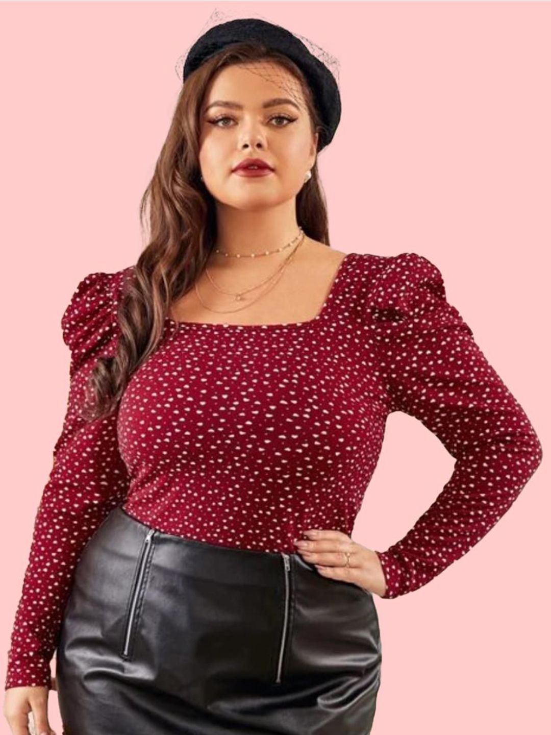 KOTTY Plus Size Polka Dot Printed Puff Sleeve Crepe Top