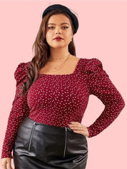 KOTTY Plus Size Polka Dot Printed Puff Sleeve Crepe Top