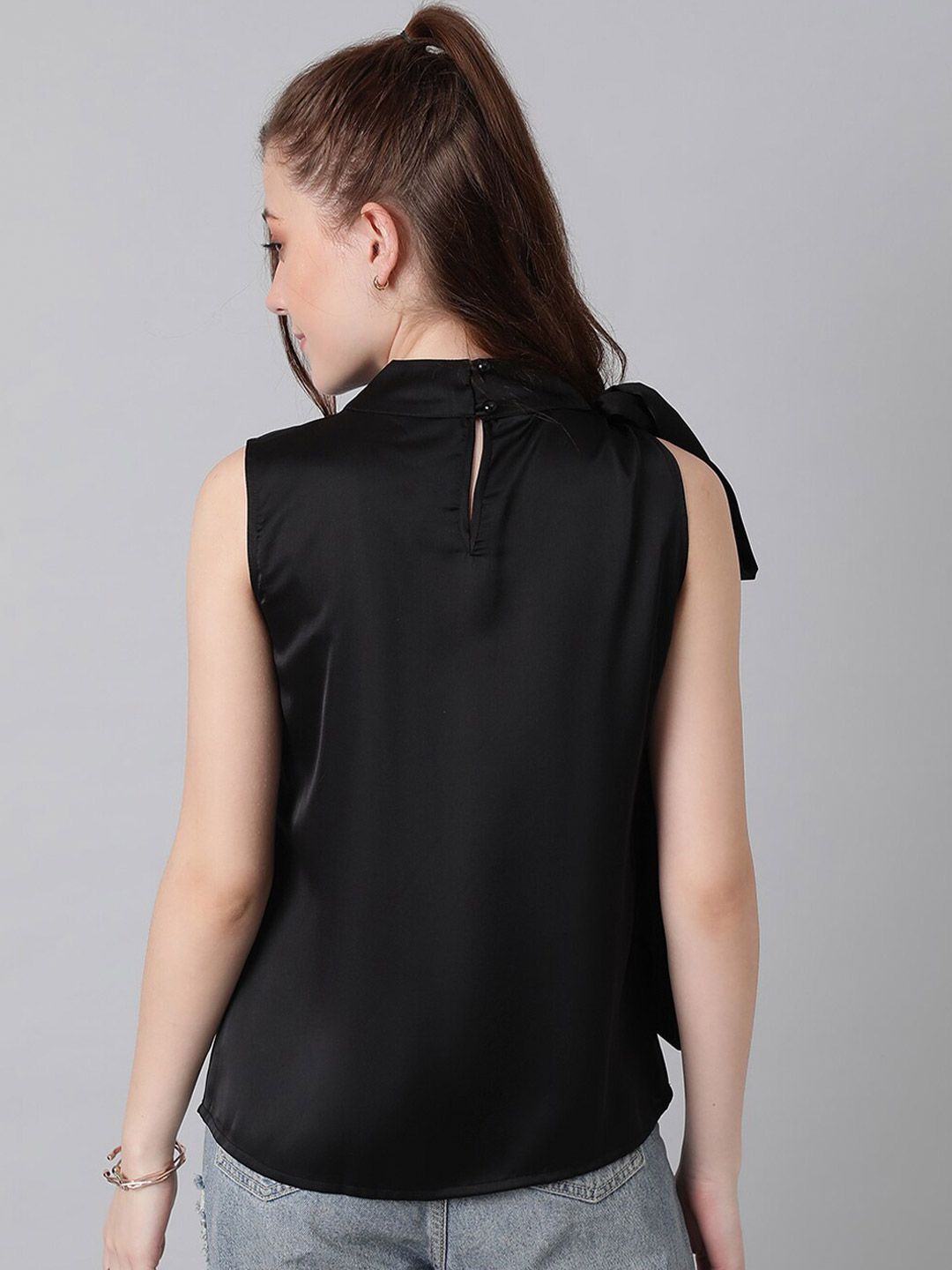 Kotty Black High Neck Sleeveless Tie-Ups Satin Top