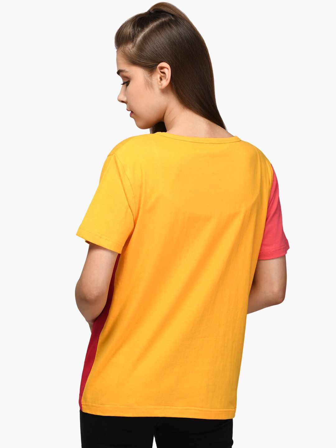 Kotty Women Yellow & Red Colourblocked Boat Neck T-shirt