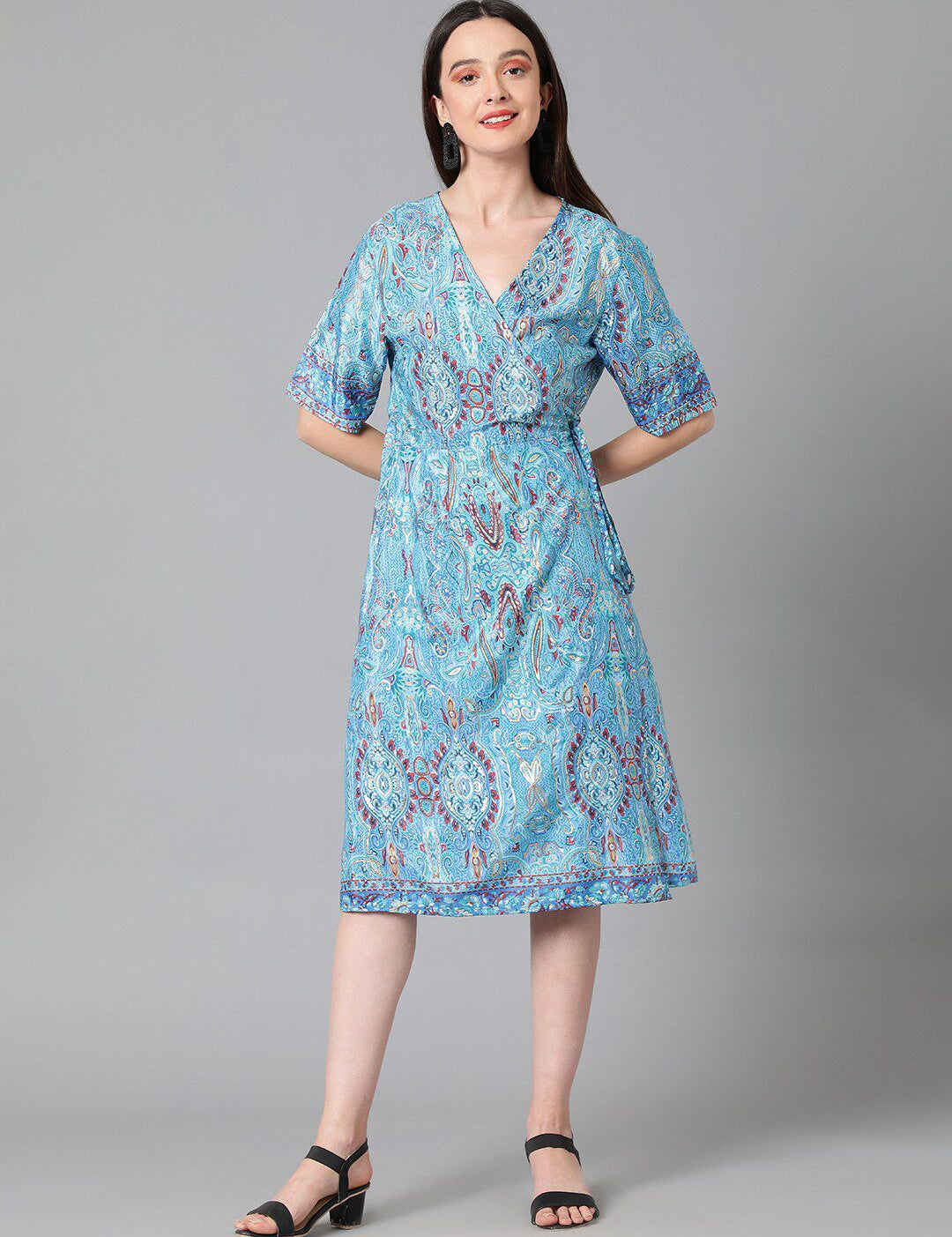 Kotty Ethnic Motifs Printed Midi Wrap Dress